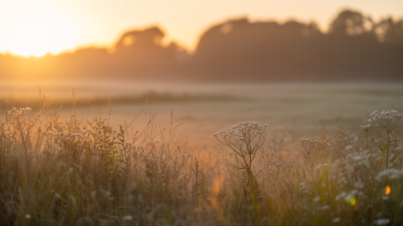 Gentle sunrise over a peaceful meadow bathed in golden morning light